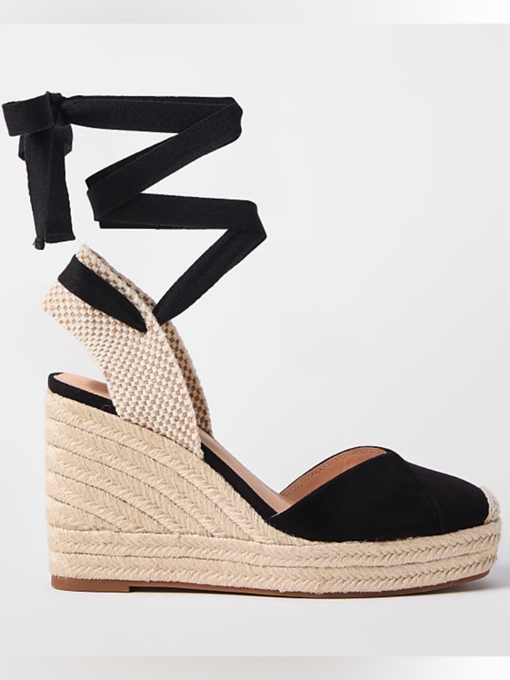 LOFT - Lace Up Black Espadrille Wrap Wedge Sandals